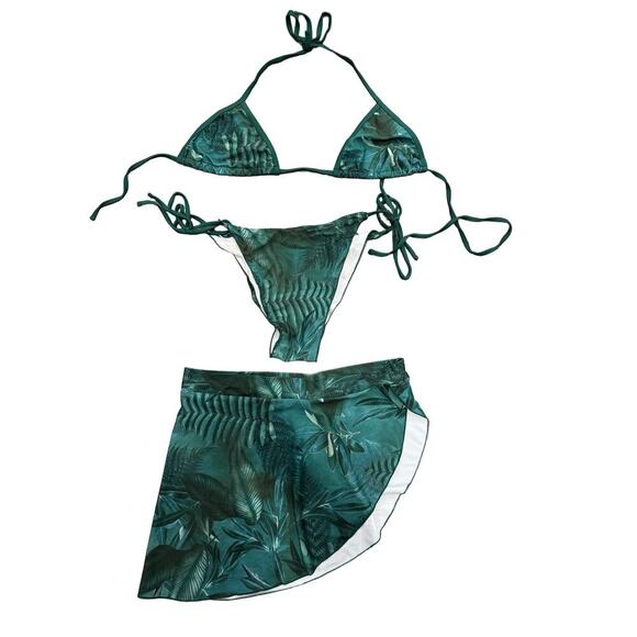 Unbranded Green Tropical Floral 3 Piece Triangle String Bikini Swimsuit Set XL - Picture 2 of 7